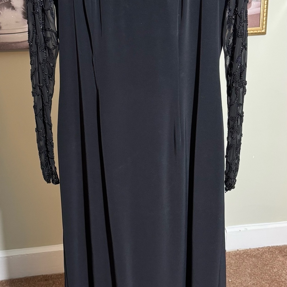 Vintage EUC Oleg Cassini Black Long Sleeve Semi Sheer Beaded Dress Low Cut Back - Picture 4 of 13